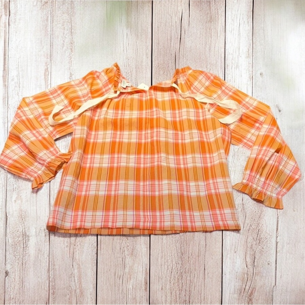 J. Crew Madras Plaid Ruffle Tie-Back 100% Cotton Orange Blouse Top ~ M ~ NWT - Picture 6 of 9